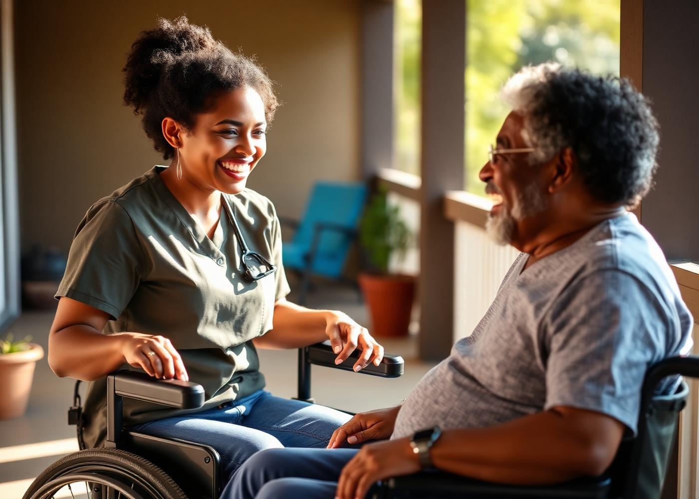 Caregiver laughing with an elderly client on a sunlit porch
