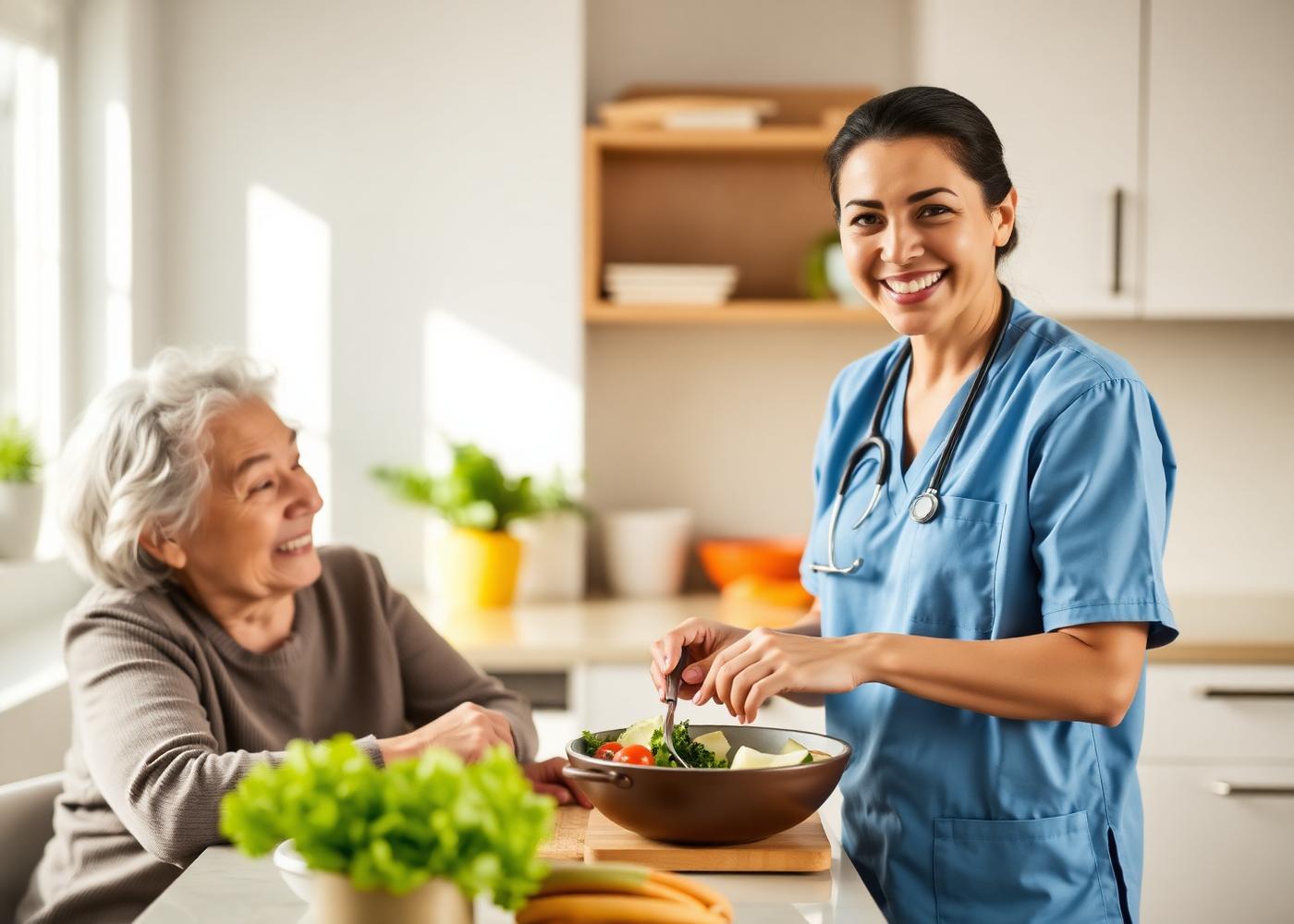 Caregiver preparing a healthy meal with a senior client